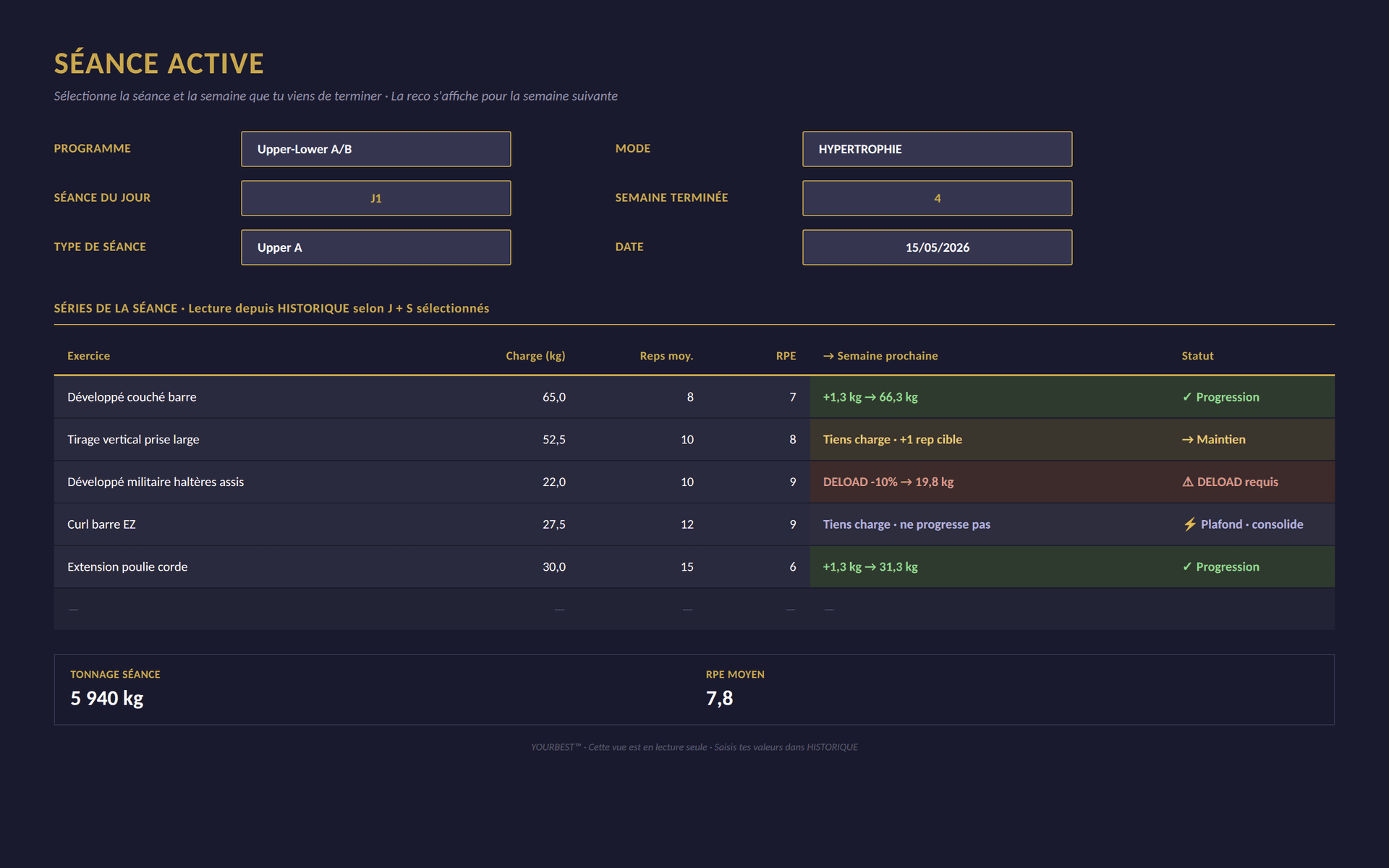 Progression System — Séance active